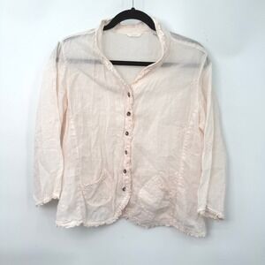 Kleen Ramie Embroidered Button Up Blouse Women M Pink Flowy Resort Boho Coastal